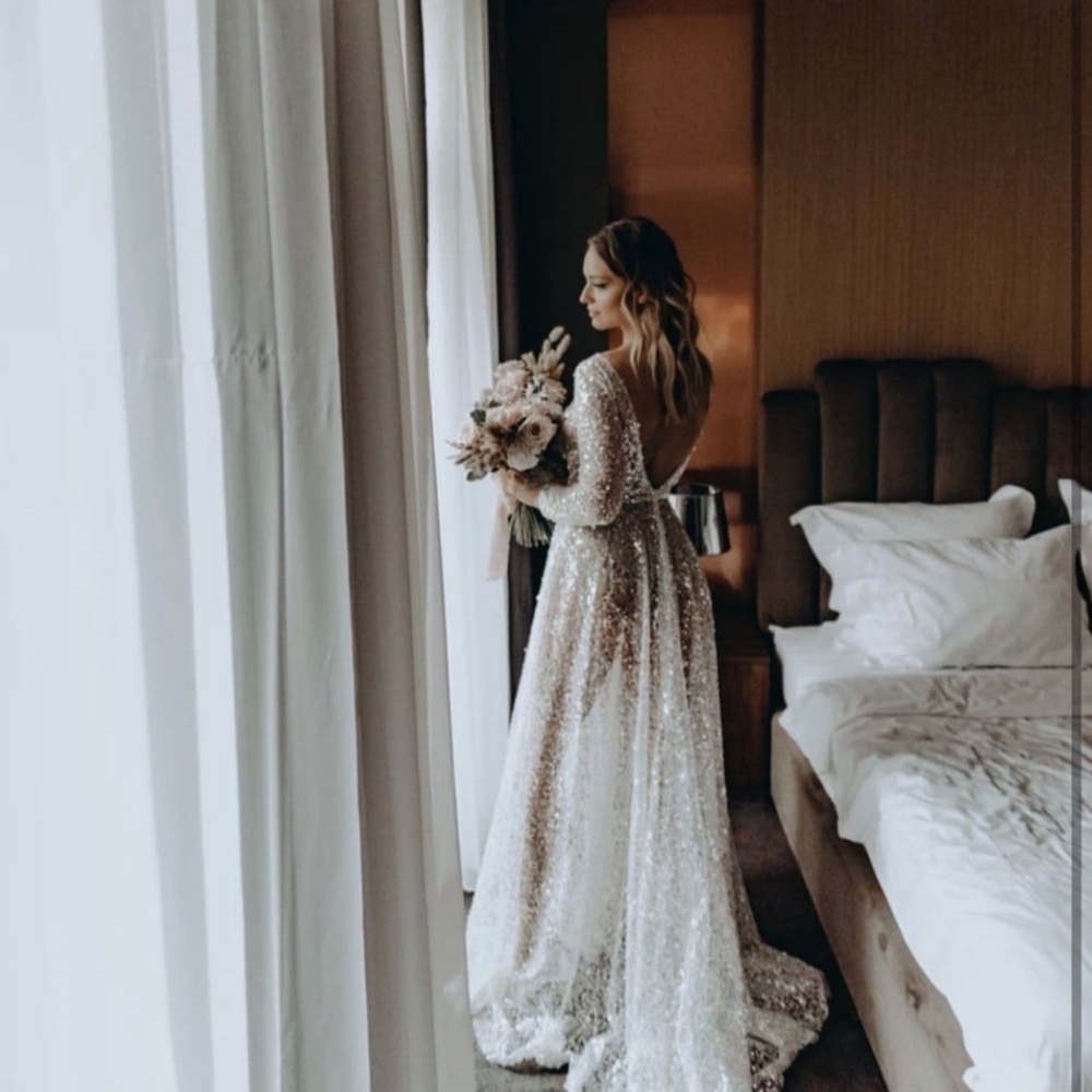 Sparkling sexy wedding dress. Deep V-neck wedding dress. Transparent